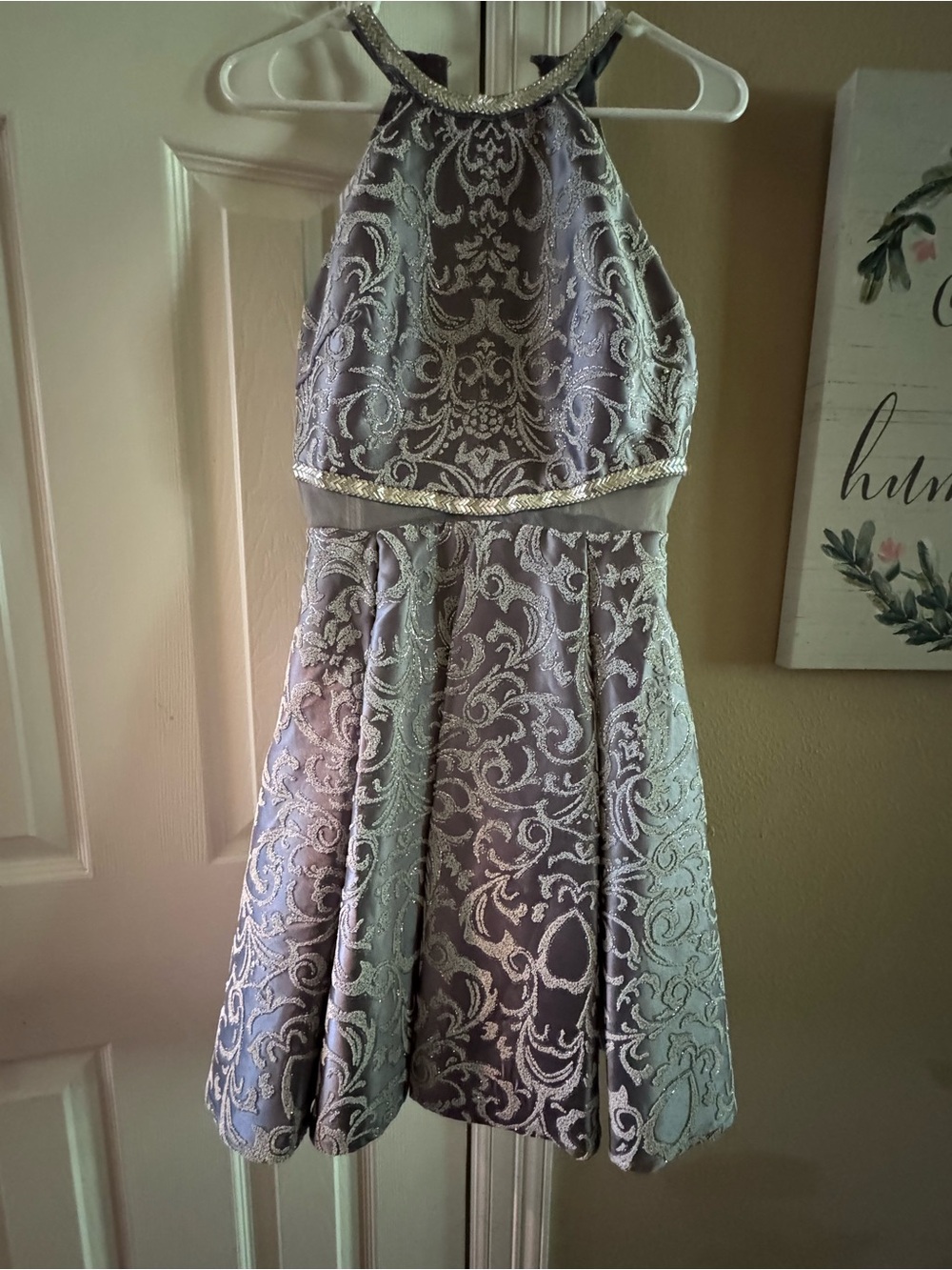 Juniors Silver Lace-Embroidered Halter Dress